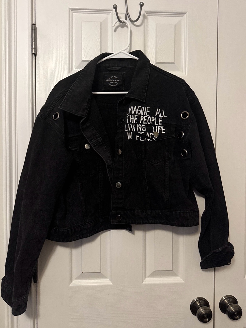 American Bazi Black Cropped Denim Jacket Peace Sign Graphic Grommet Detail 1x